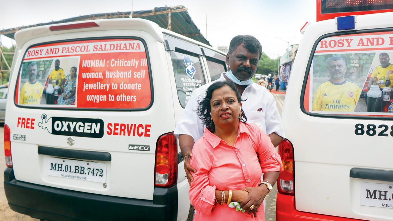 1) Pascal Saldhana and Rozy
The Malad couple started free ambulance services in the city amid the pandemic
After learning about the heart-wrenching stories of ambulance operators charging Covid-19 patients exorbitantly, a Malad couple took their good work a notch up by starting a free ambulance service in Mumbai on July 28. The Saldhanas started ambulance service with two vehicles, where one was used for oxygen supply and the other to ferry patients. When the city was grappling with the second wave of the pandemic, Pascal Saldhana and his wife Rozy also sold their jewellery to buy nearly 30 oxygen cylinders for Covid-19 patients in Mumbai. They also distributed nearly 250 dialysis kits and two tonnes of pulses and grains to the needy since the pandemic began.